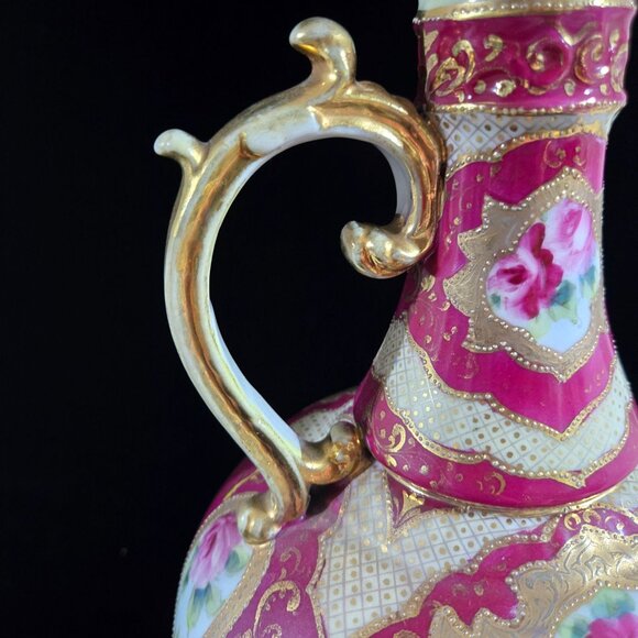 Antique Victorian Style Hand-Painted Porcelain Pitcher, Vase W/ Gold Gilding & F - Picture 4 of 10